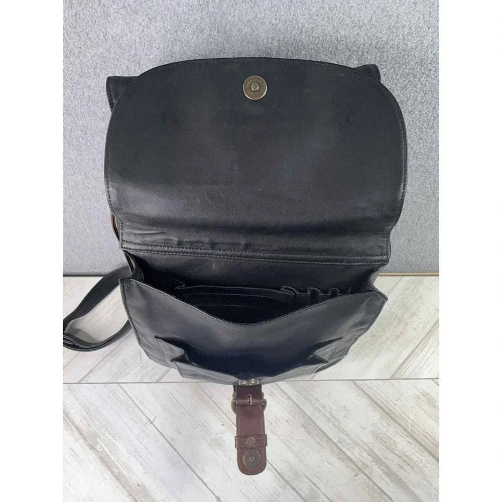 BREE Germany Leather Backpack Purse Black Brown Two Tone Drawstring Flap Bag VTG